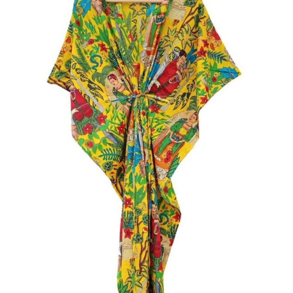 BRAND NEW Yellow Frida Kahlo Cotton Caftan Nightwear Dressing Gown Kaftan